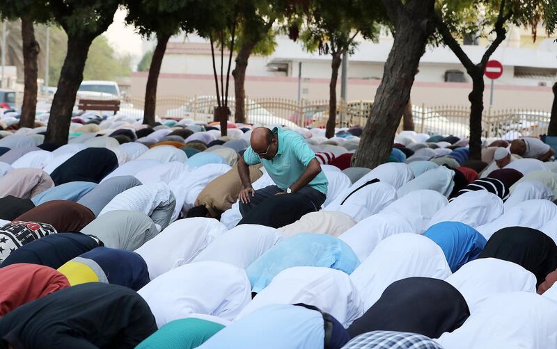 DUBAI, UNITED ARAB EMIRATES, August 21 – 2018 :- People during the Eid Al Adha prayers at the Jumeirah Mosque in Dubai. ( Pawan Singh / The National )  For News. Story by Nawal