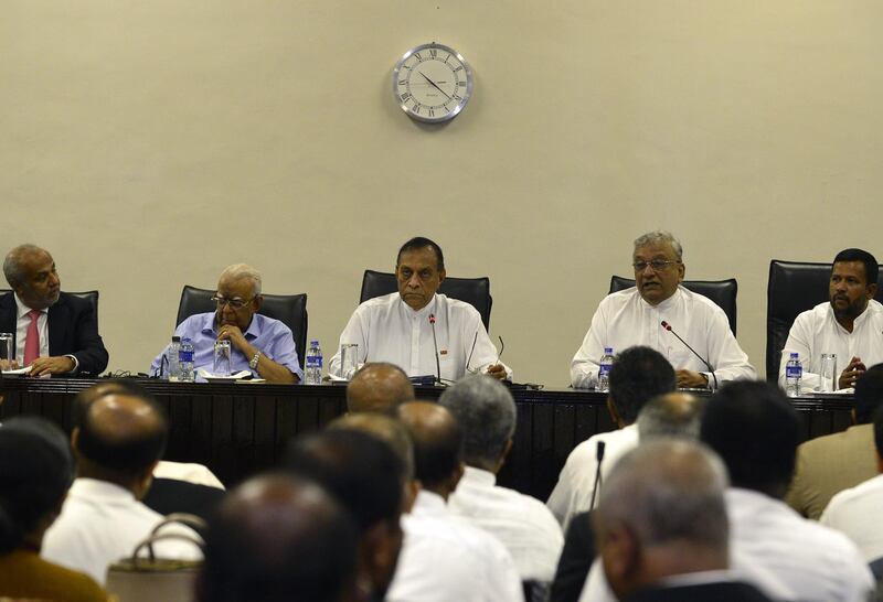 Sri Lanka's parliament speaker Karu Jayasuriya, centre, looks on at a meeting of MPs. AFP
