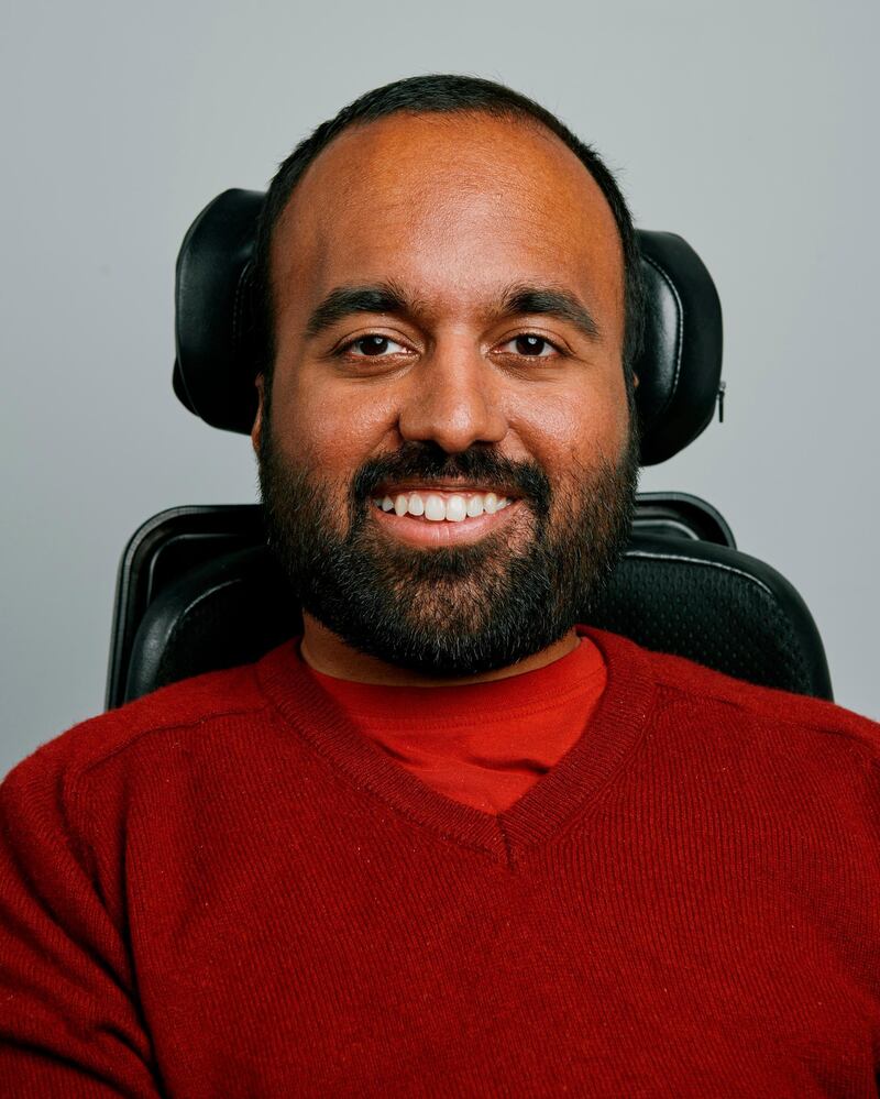 This undated photo provided by Airbnb shows Srin Madipalli, a geneticist and lawyer with an Oxford MBA and Airbnbâ€™s accessibility product and program manager. Madipalli has spinal muscular atrophy, a rare disorder that affects nerve cells and causes muscles to waste away. In 2015, Madipalli and a friend founded Accomable, a web site that connected disabled travelers to verified, accessible properties. Airbnb purchased Accomable in late 2017. (Airbnb via AP)