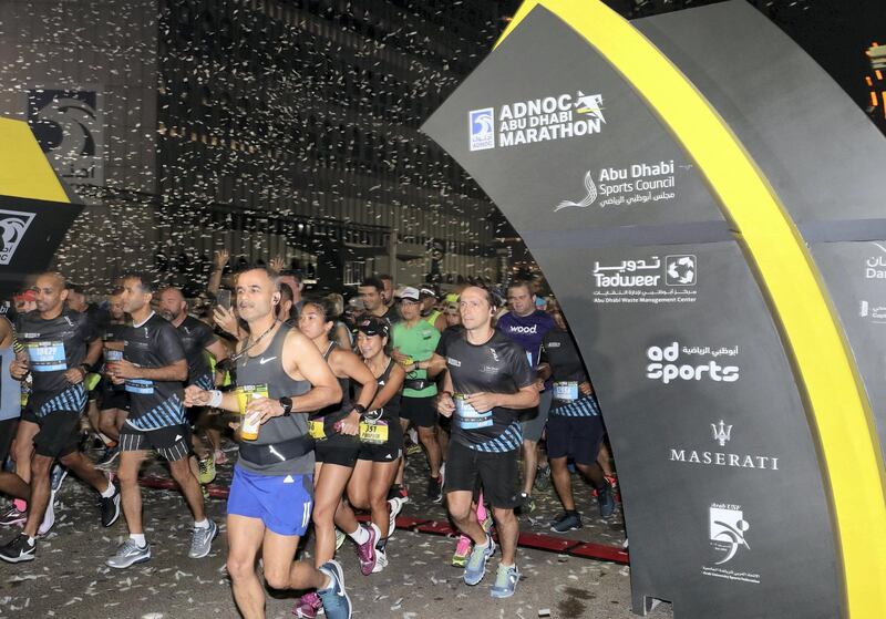 Abu Dhabi, United Arab Emirates - December 06, 2019: The start of the ADNOC Abu Dhabi marathon 2019. Friday, December 6th, 2019. Abu Dhabi. Chris Whiteoak / The National