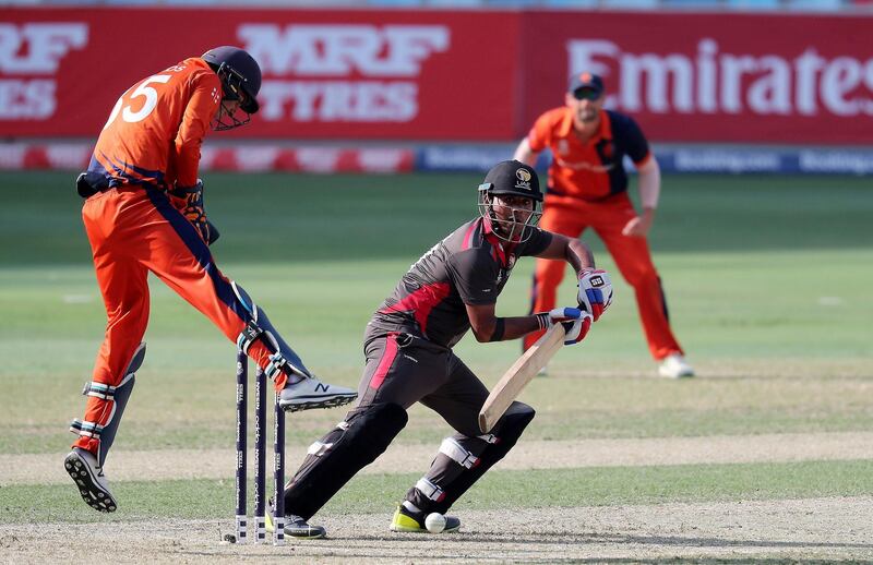 DUBAI, UNITED ARAB EMIRATES , October 29  – 2019 :- Waheed Ahmed of UAE playing a shot during the World Cup T20 Qualifier between UAE vs Netherlands held at Dubai International Cricket Stadium in Dubai.  ( Pawan Singh / The National )  For Sports. Story by Paul