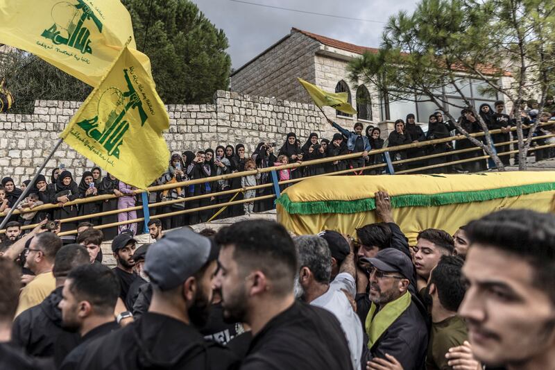 Hezbollah supporters carry the coffin of a member killed during clashes with the Israeli military along Lebanon's southern border. Getty Images