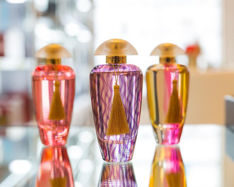 Some of the perfumes are contained in bottles crafted from Murano glass. Courtesy Merchant of Venice 