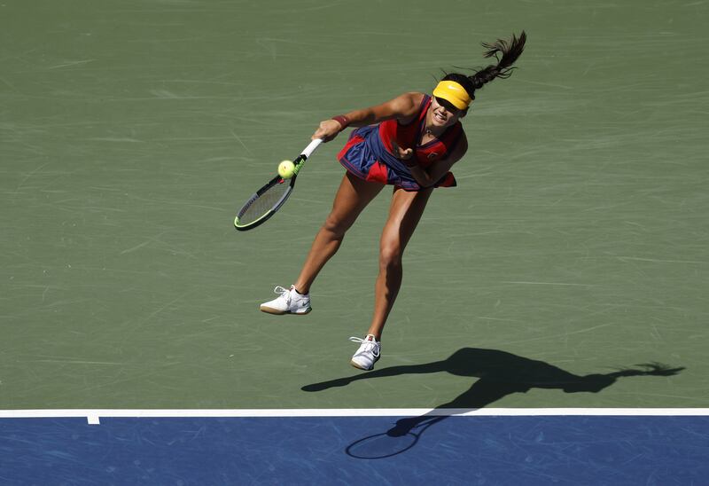 Britain's Emma Raducanu serves during her US Open quarter-final win over Belinda Bencic of Switzerland at Flushing Meadows in New York on Wednesday, September 8. EPA