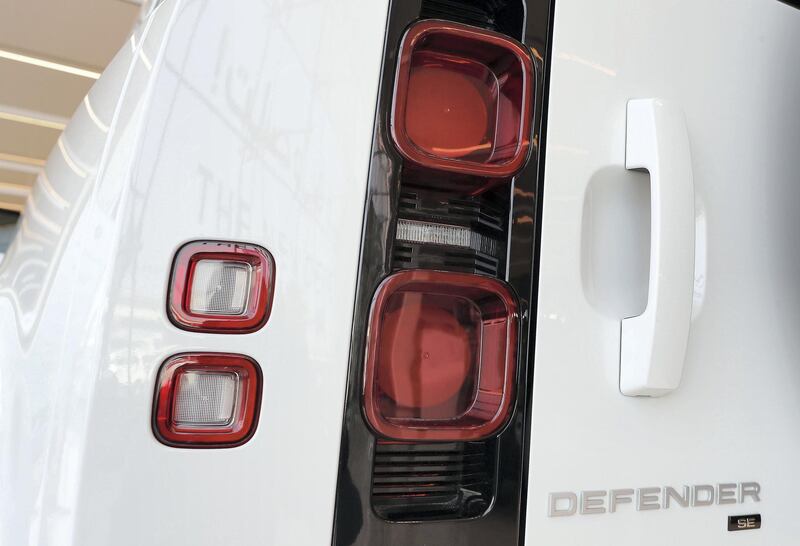 DUBAI, UNITED ARAB EMIRATES , June 27 – 2020 :- Tail light of the Land Rover Defender SE model on display at the Land Rover Defenders showroom on Sheikh Zayed Road in Dubai. (Pawan Singh / The National) For Motoring. Story by Simon