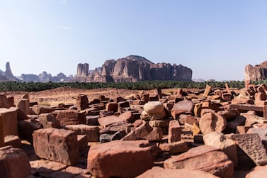 RIYADH, KINGDOM OF SAUDI ARABIA. 29 SEPTEMBER 2019. Dadan in Al Ula. Al-Khuraybah (ancient Dadan) was the capital of the Dadan and Lihyan Kingdoms. “Al Khoraiba” included a number of archeological sites, the most important of them is “Lions Graves” (Magaber Al Ausood), “milking she camel” (Mahlab Al Naga). In addition, the site included a number of inscriptions and sculptured rocks, spread of antiquities on site’s surface. The site’s inscriptions document economic, political, religious and social activities of the Lehyanian. (Photo: Reem Mohammed/The National) Reporter: Section: