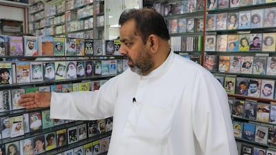 Abdullah Mohammed Khalili’s cassette shop, Shabab Al Wadi Recording, is now the last of its kind. Wajod Alkhamis / The National