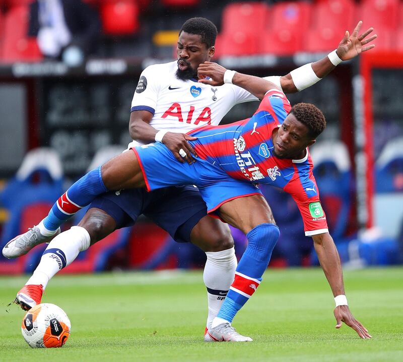 Wilfried Zaha tussles with Serge Aurier during the Premier League match between Crystal Palace and Tottenham Hotspur. Getty Images