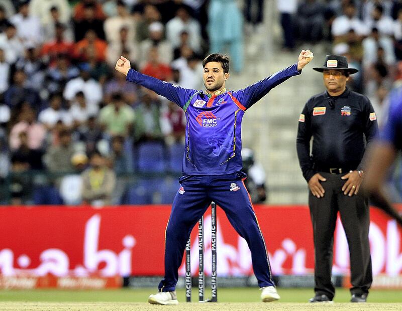 Abu Dhabi, October,22 2019: Qais Ahmed of Bangla celebrates a wicket against Maratha Arabians during the T10 match at the Zayed Cricket stadium in Abu Dhabi . Satish Kumar/ For the National