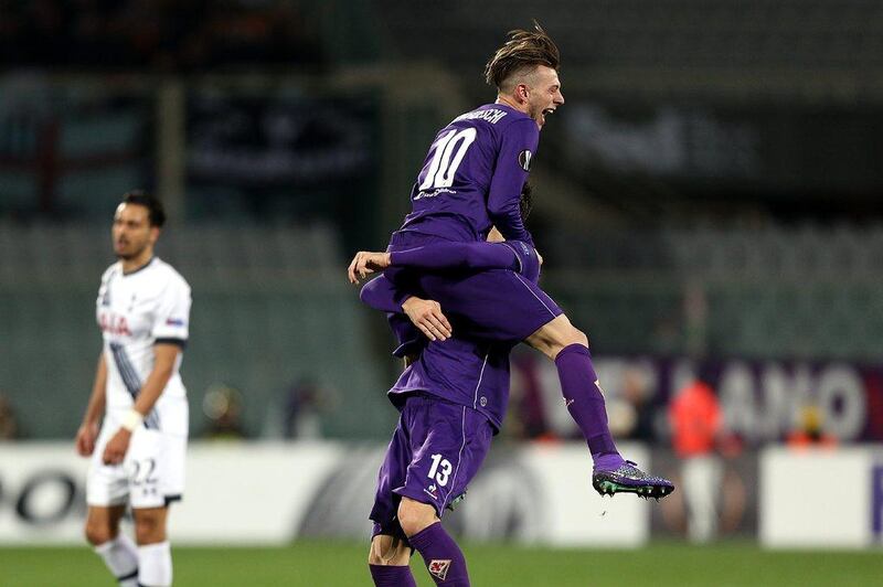 Federico Bernardeschi of ACF Fiorentina celebrates after scoring a goal during the Uefa Europa League Round of 32 first leg match between Fiorentina and Tottenham Hotspur on February 18, 2016 in Florence, Italy.  (Photo by Gabriele Maltinti/Getty Images)