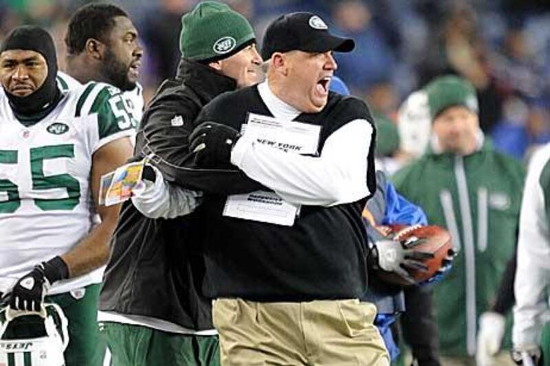 Rex Ryan, the New York Jets head coach, celebrates his side's victory over New England.