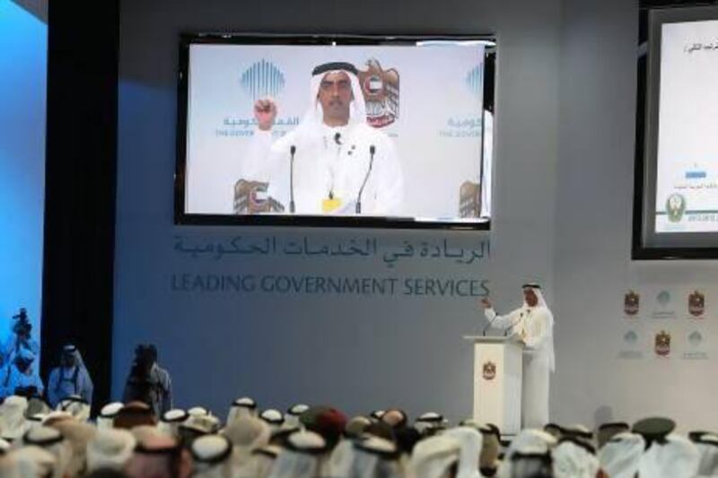 Sheikh Saif bin Zayed, Minister of Interior and Deputy Prime Minister, during the Government Summit yesterday. He said if reports come back that are not positive, departments must swiftly rectify them. Pawan Singh / The National