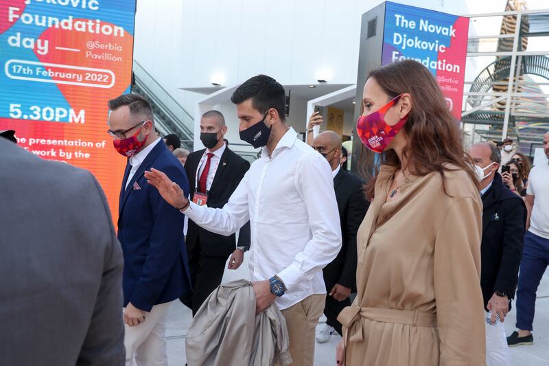 Novak Djokovic enters the Serbian Pavilion at the Dubai Expo site. Khushnum Bhandari / The National
