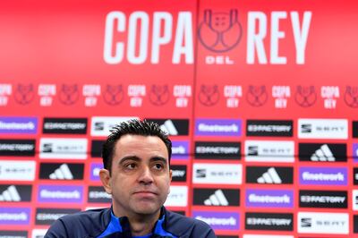 Barcelona manager Xavi Hernandez at press conference on March 1, 2023, on the eve of their Copa del Rey semi-final against Real Madrid. AFP
