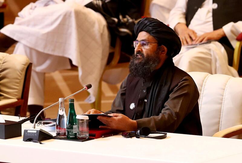 Mullah Abdul Ghani Baradar, the leader of the Taliban delegation, speaks at the launch of peace talks with the Afghan government in Doha, Qatar. REUTERS