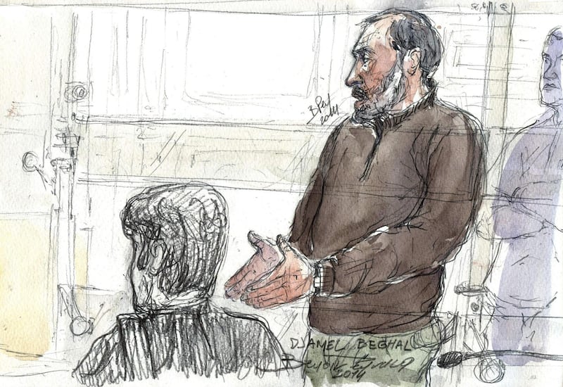 (FILES) A file court sketch made on October 7, 2014 shows Djamel Beghal during his appeal trial at the Paris courthouse. Djamel Beghal, known as the mentor of the Kouachi brothers and Amedy Coulibaly, the authors of the Paris terror attacks in January 2015, was deported to Algeria after his release from the Rennes-Vezin prison on July 16, 2018.  / AFP / BENOIT PEYRUCQ
