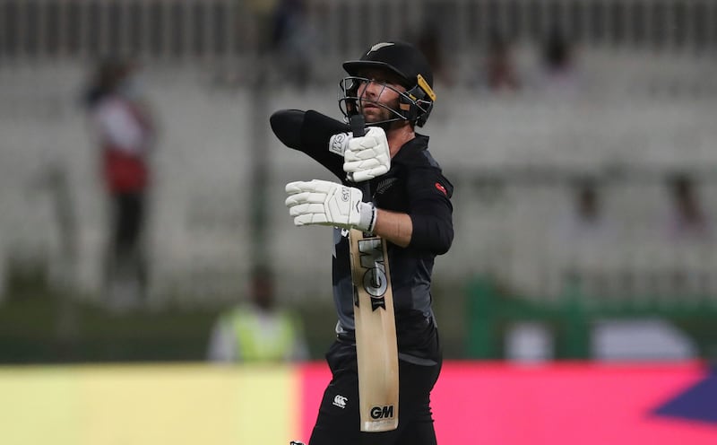 New Zealand batsman Devon Conway leaves the field after being dismissed by England's Liam Livingstone during the T20 World Cup semi-final in Abu Dhabi. AP Photo
