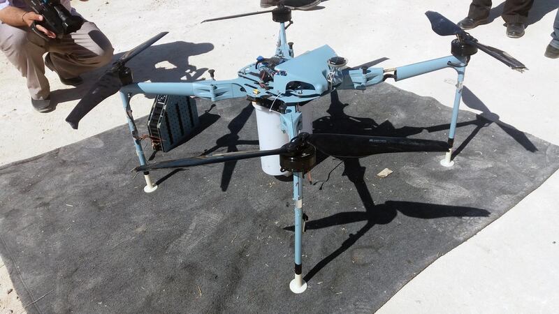 epa07858960 A handout photo made available by Syria's Arab News Agency SANA shows the drone which Syrian authorities said they have dropped and dismantled on the slopes of Jabal al-Sheikh, in al-Quneitra, Syria, 21 September 2019. According to media reports, the drone was coming from the west and was equipped with cluster bombs and C-4.  EPA/SANA HANDOUT  HANDOUT EDITORIAL USE ONLY/NO SALES