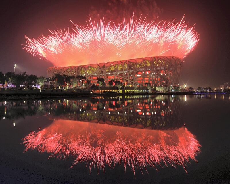 BEIJING - AUGUST 08:  Fireworks explode over the National Stadium during the Opening Ceremony for the Beijing 2008 Olympic Games at the National Stadium on August 8 in Beijing, China.  (Photo by Clive Rose/Getty Images)