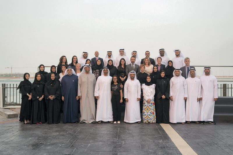 ABU DHABI, UNITED ARAB EMIRATES - January 22, 2018: HH Sheikh Mohamed bin Zayed Al Nahyan, Crown Prince of Abu Dhabi and Deputy Supreme Commander of the UAE Armed Forces (front row 8th R), stands for a photograph with  the organizers of the Abu Dhabi Sustainability Week, during a Sea Palace barza. Seen with HE Dr Sultan Ahmed Al Jaber, UAE Minister of State, Chairman of Masdar and CEO of ADNOC Group (front row 9th R).

( Mohamed Al Hammadi / Crown Prince Court - Abu Dhabi )
---