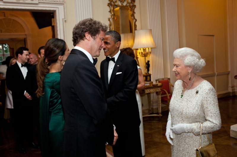 Mr Obama and Queen Elizabeth greet guests including actor Colin Firth at Winfield House, on May 25, 2011. Photo: US National Archives