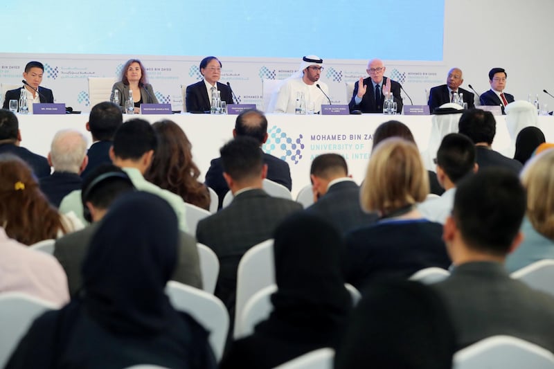 Abu Dhabi, United Arab Emirates - October 16, 2019: L-R Peng Xiao, Professor Daniela Rus, Professor Andrew Chi-Chih Yao, Dr Sultan Al Jaber, Professor Sir Michael Brady, Professor Anil K Jain and Dr Kai-Fu Lee. The launch of Mohamed bin Zayed University of Artificial intelligence. Wednesday the 16th of October 2019. Masdar City, Abu Dhabi. Chris Whiteoak / The National