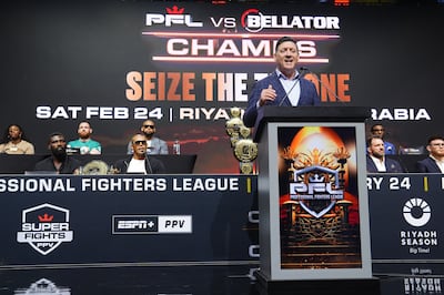 Peter Murray speaking at the PFL vs Bellator press conference at Hard Rock Live in Florida, on January 24, 2024. PFL