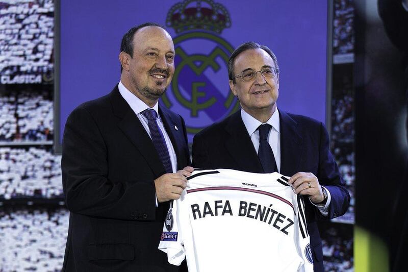 New Real Madrid coach Rafael Benitez, left, poses for a picture with president Florentino Perez during his presentation at Santiago Bernabeu stadium on June 3, 2015 in Madrid, Spain. (Photo by Gonzalo Arroyo Moreno/Getty Images)