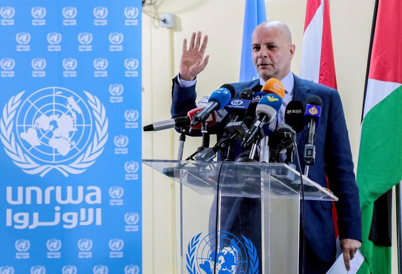 Director of UNRWA in Lebanon Claudio Cordone speaks during a celebration on the first school day at Haifa School in Beirut. EPA