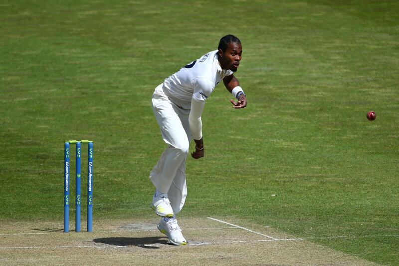 HOVE, ENGLAND - MAY 05: Jofra Archer of Sussex bowls during day two of the Second Eleven Championship match between Sussex 2nd XI and Surrey 2nd XI at The 1st Central County Ground on May 05, 2021 in Hove, England. (Photo by Charlie Crowhurst/Getty Images)
