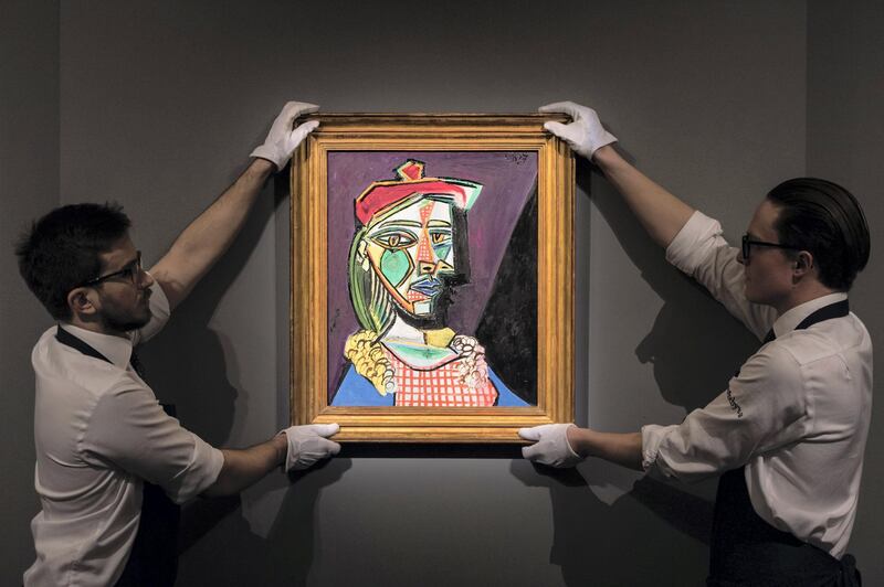LONDON, ENGLAND - FEBRUARY 22:  Pablo Picasso's Femme au beret et a la robe quadrillee goes on view during the press call before an auction dedicated to Impressionist artworks at Sotheby's on February 22, 2018 in London, England.  (Photo by Ian Gavan/Getty Images)