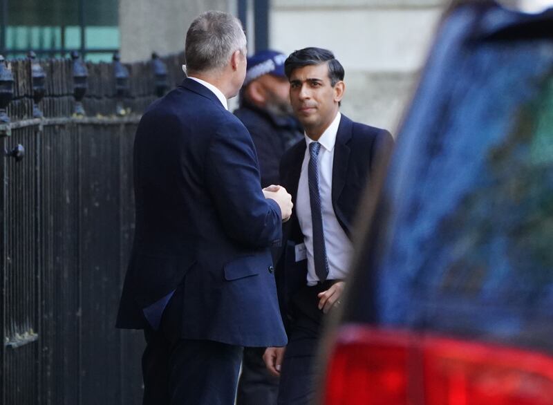 Prime Minister Rishi Sunak arrives at the rear entrance of Downing Street during Monday's cabinet reshuffle. PA