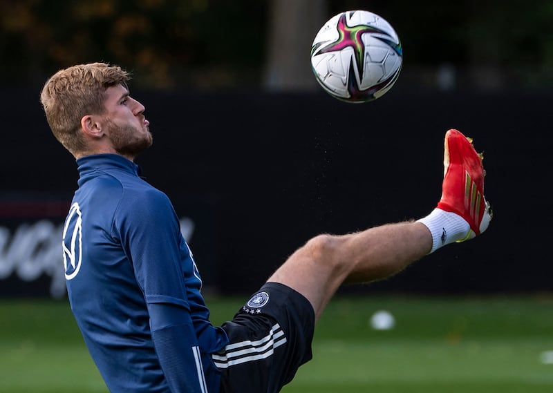 Germany's forward Timo Werner controls the ball during training. AFP