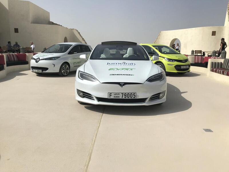 Left to right, a Renault Zoe, Tesla Model S and Chevrolet Bolt EV on the EVRT Middle East 2019. Adam Workman / The National