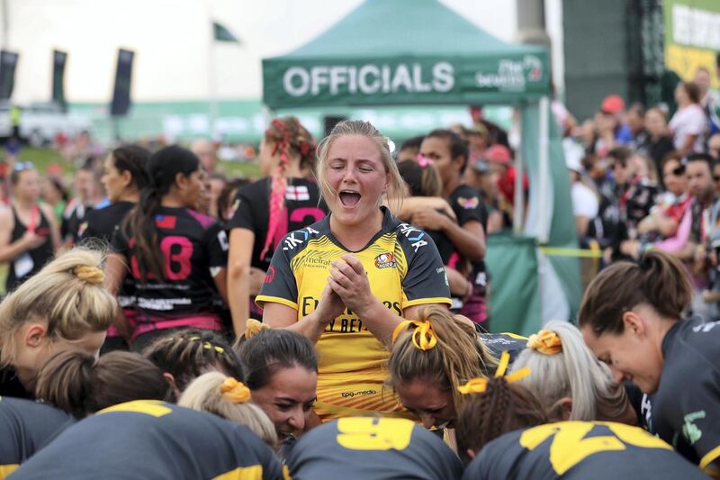 Dubai, United Arab Emirates - December 07, 2019: Hurricanes prepare for the game between Dubai Hurricanes and Emirates Firebirds Blue in the Gulf womens final at the HSBC rugby sevens series 2020. Saturday, December 7th, 2019. The Sevens, Dubai. Chris Whiteoak / The National