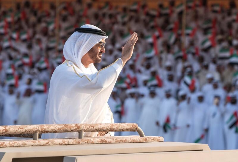 ZAYED MILITARY CITY, ABU DHABI, UNITED ARAB EMIRATES - November 28, 2017: HH Sheikh Mohamed bin Zayed Al Nahyan Crown Prince of Abu Dhabi Deputy Supreme Commander of the UAE Armed Forces (C), attends the graduation ceremony of the 8th cohort of National Service recruits and the 6th cohort of National Service volunteers at Zayed Military City.

( Hamad Al Kaabi / Crown Prince Court - Abu Dhabi )
—