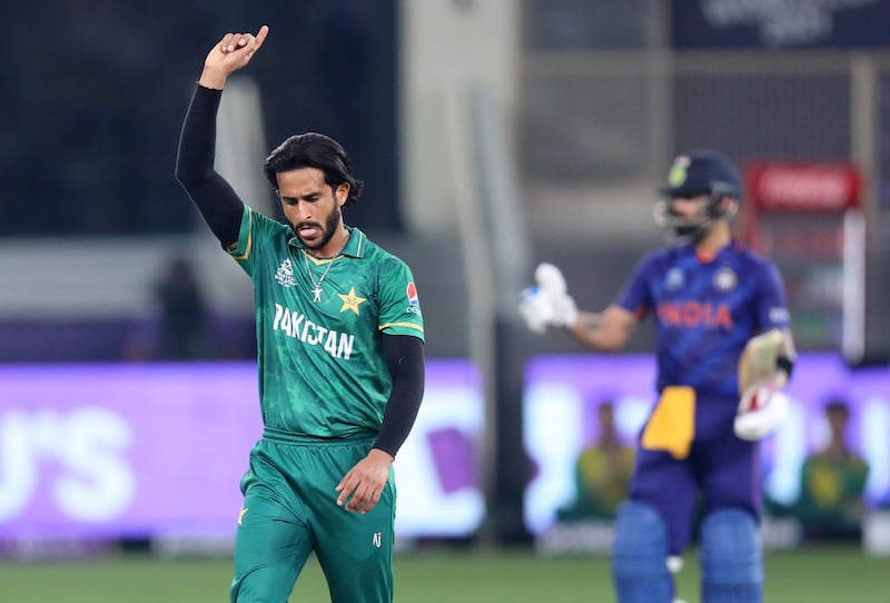 Pakistan's Hasan Ali celebrates Ravindra Jadeja's wicket. Chris Whiteoak / The National