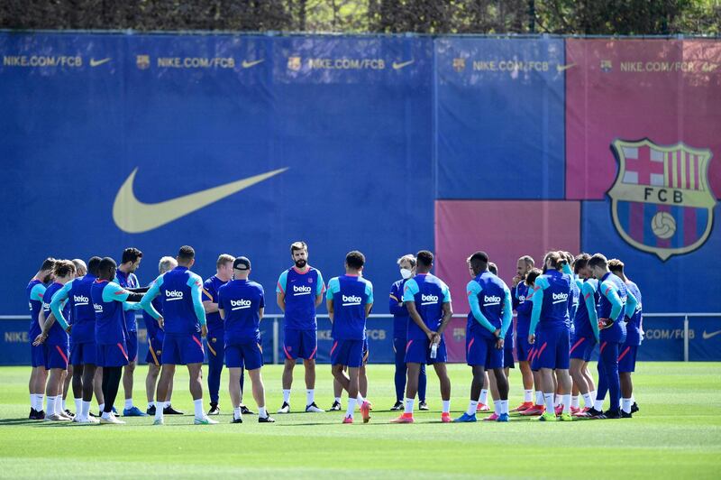 Barcelona players attend a training session at the Joan Gamper Sports City. AFP