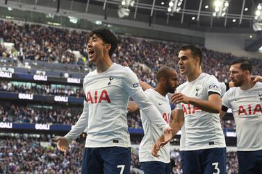 Son Heung-Min (L) of Tottenham celebrates with teammates after assisting a goal during the English Premier League soccer match between Tottenham Hotspur and Aston Villa in London, Britain, 03 October 2021.   EPA/Facundo Arrizabalaga EDITORIAL USE ONLY.  No use with unauthorized audio, video, data, fixture lists, club/league logos or 'live' services.  Online in-match use limited to 120 images, no video emulation.  No use in betting, games or single club / league / player publications
