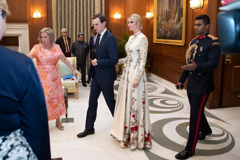Ivanka Trump in an embroidered and flowing anarkali suit with a bandhgala collar is a design by New Delhi-designer Rohit Bal. AP