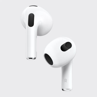 Apple's third-generation AirPods has a similar look to the AirPods Pro, without the ear tips. Courtesy Apple
