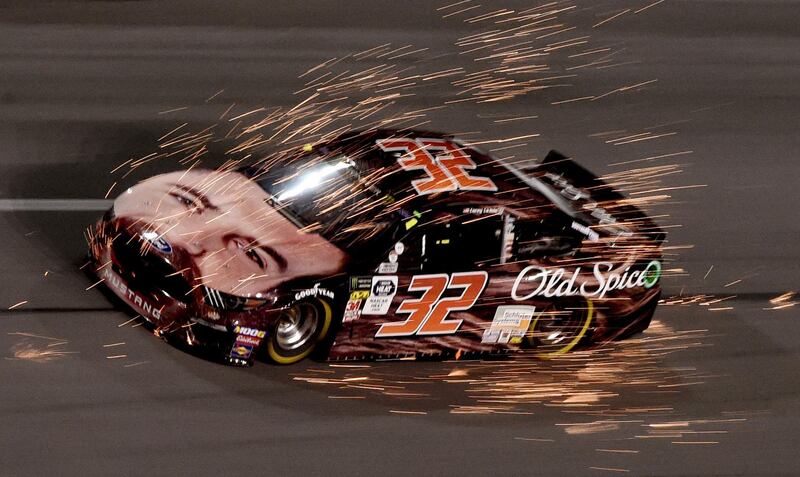 NASCAR Cup Series driver Corey LaJoie (32) gets a front end full of sparks from the driver in front during the Gander RV Duel 2 at Daytona International Speedway. John David Mercer-USA TODAY Sports