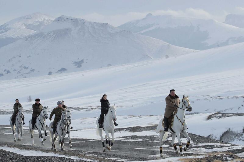 Photos released by the Korean Central news agency purported to show Kim Jong Un riding a horse at Mount Paektu. KCNA