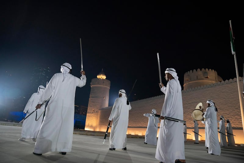 ABU DHABI, UNITED ARAB EMIRATES - December 05, 2018: Performers participate in a show during the opening of Qasr Al Hosn. 

( Hamad Al Kaabi / Crown Prince Court - Abu Dhabi )
---