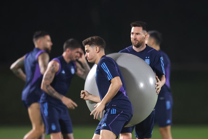 Lionel Messi uses an exercise ball during an Argentina training session. Getty