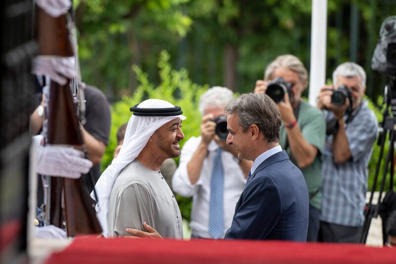 President Sheikh Mohamed is received by Mr Mitsotakis at the Maximos Mansion.