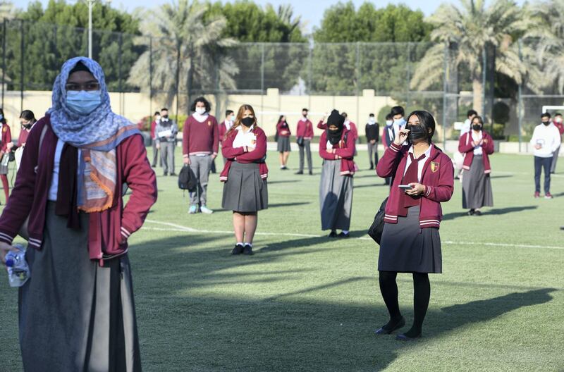 Abu Dhabi, United Arab Emirates - Waiting ground for students, and following social distancing guidelines before exams at Gems Cambridge International School, in Baniyas. Khushnum Bhandari for The National