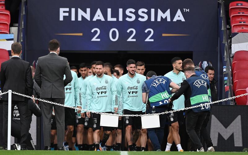 Argentina captain Lionel Messi leads his team out for a training session ahead of the Finalissima Conmebol - UEFA Cup of Champions match against Italy at Wembley Stadium in London, Britain, 31 May 2022.  Latin American champions Argentina will play European champions Italy in the Finalissima on 1 June 2022. EPA