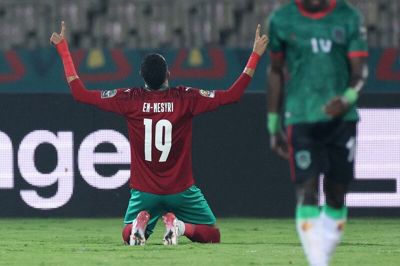 Morocco forward Youssef En-Nesyri celebrates after scoring his team's first goal. AFP