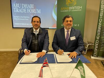 Bandar Reda, chief of Arab-British Chamber of Commerce, and Mohamed Al Ahmed, CEO of KEZAD, during the singing of the MoU. Photo: Arab British Chamber of Commerce